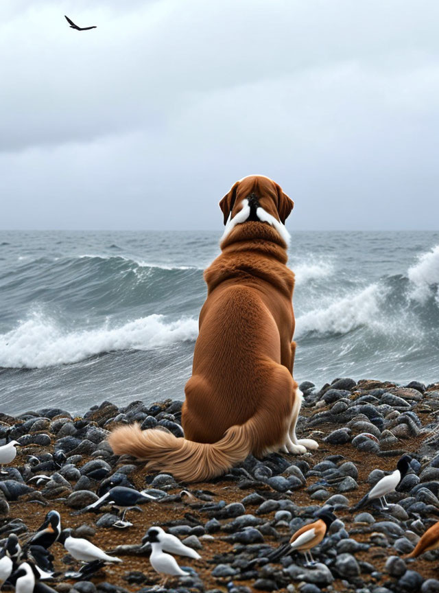 Dog sitting on pebble beach, looking at sea, with birds and seagull flying under cloudy