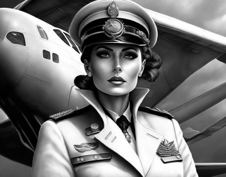 Monochrome illustration: Woman in pilot uniform with cap, standing by airplane