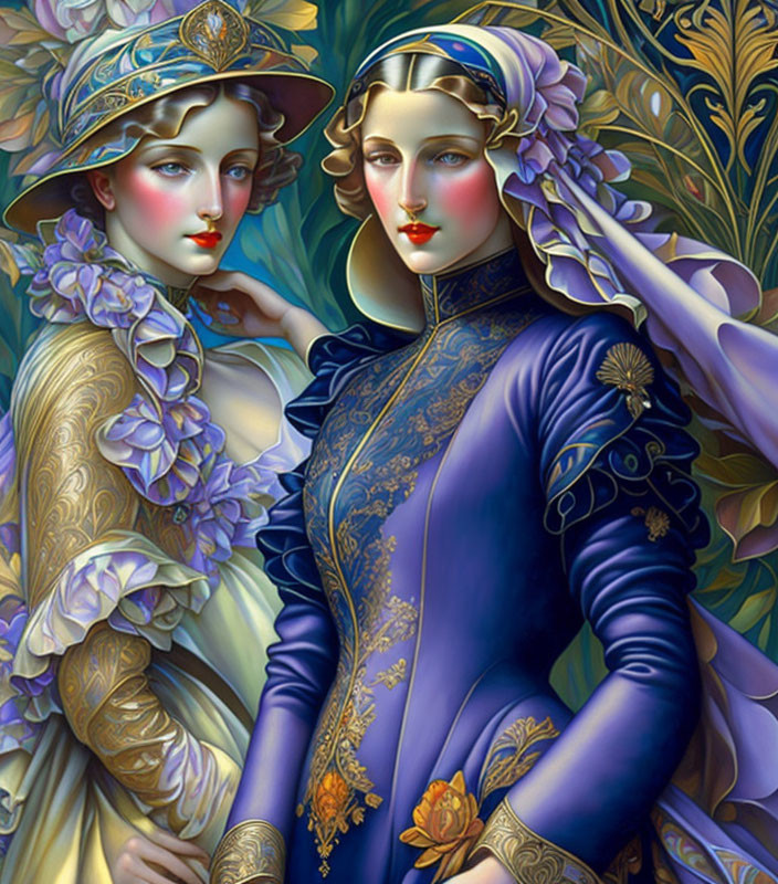 Stylized women in art nouveau style with intricate foliage