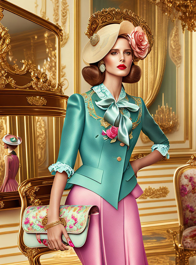 Vintage Turquoise Jacket and Pink Trousers with Floral Accessories in Luxurious Room