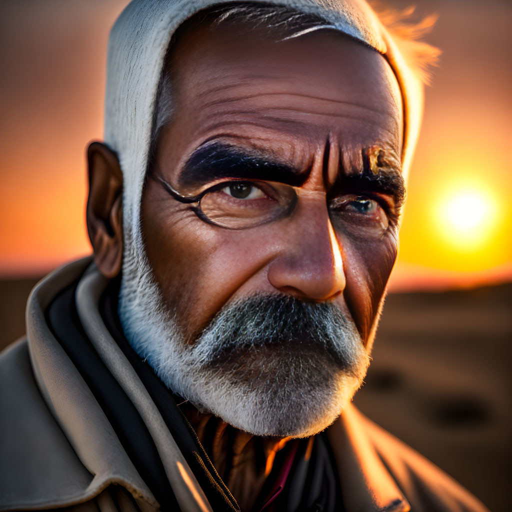 Elderly man with white beard and prominent eyebrows in sunset light