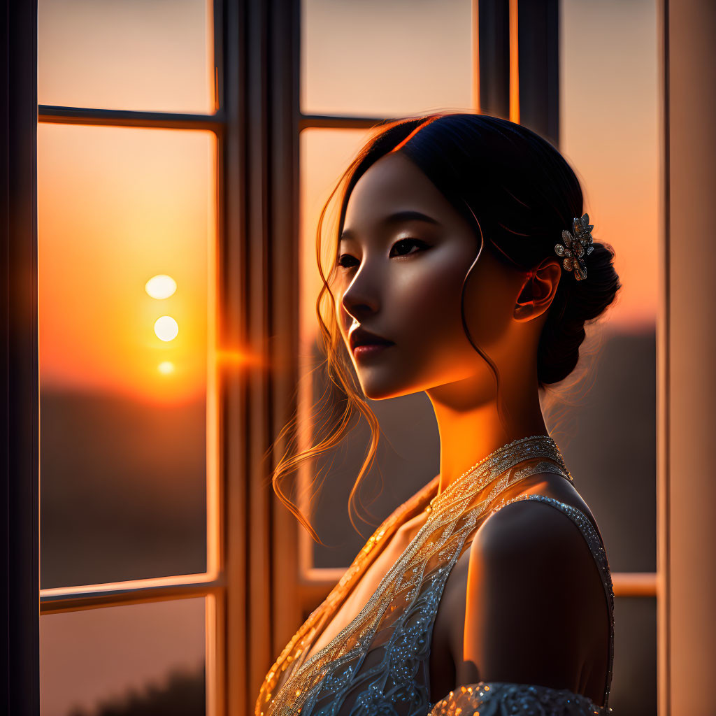 Silhouette of Woman by Window at Sunset with Warm Hues