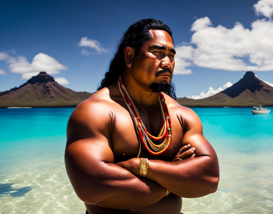 Muscular man with Polynesian tattoos in ocean with mountains.