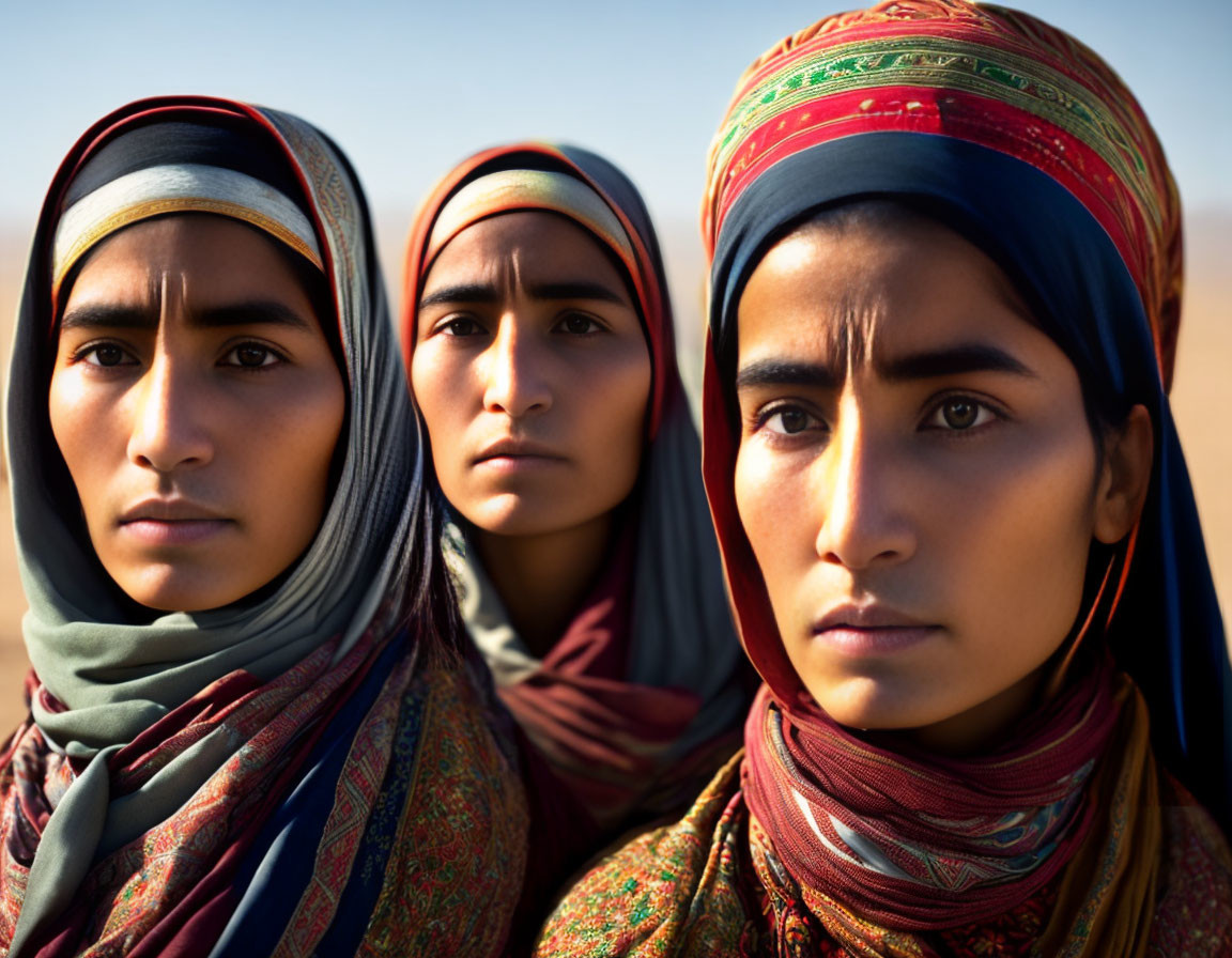 Three people in headscarves gazing at the camera under clear sky