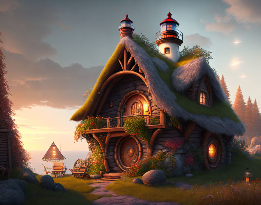 Whimsical cottage with lighthouse tower and thatched roof by the sea at sunset