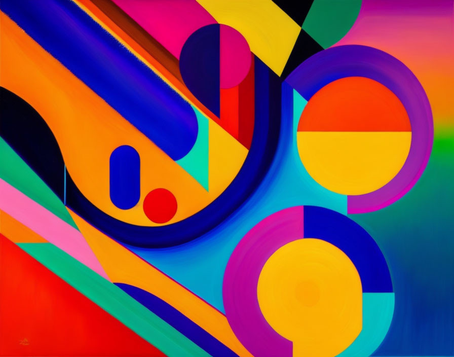 Colorful Abstract Painting with Geometric Shapes and Curves in Orange, Purple, Pink, Yellow,