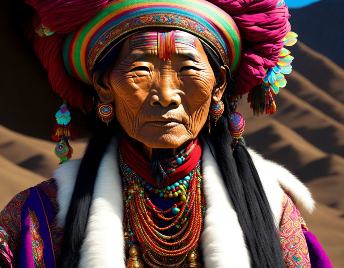 Elderly Woman in Colorful Turban and Traditional Attire