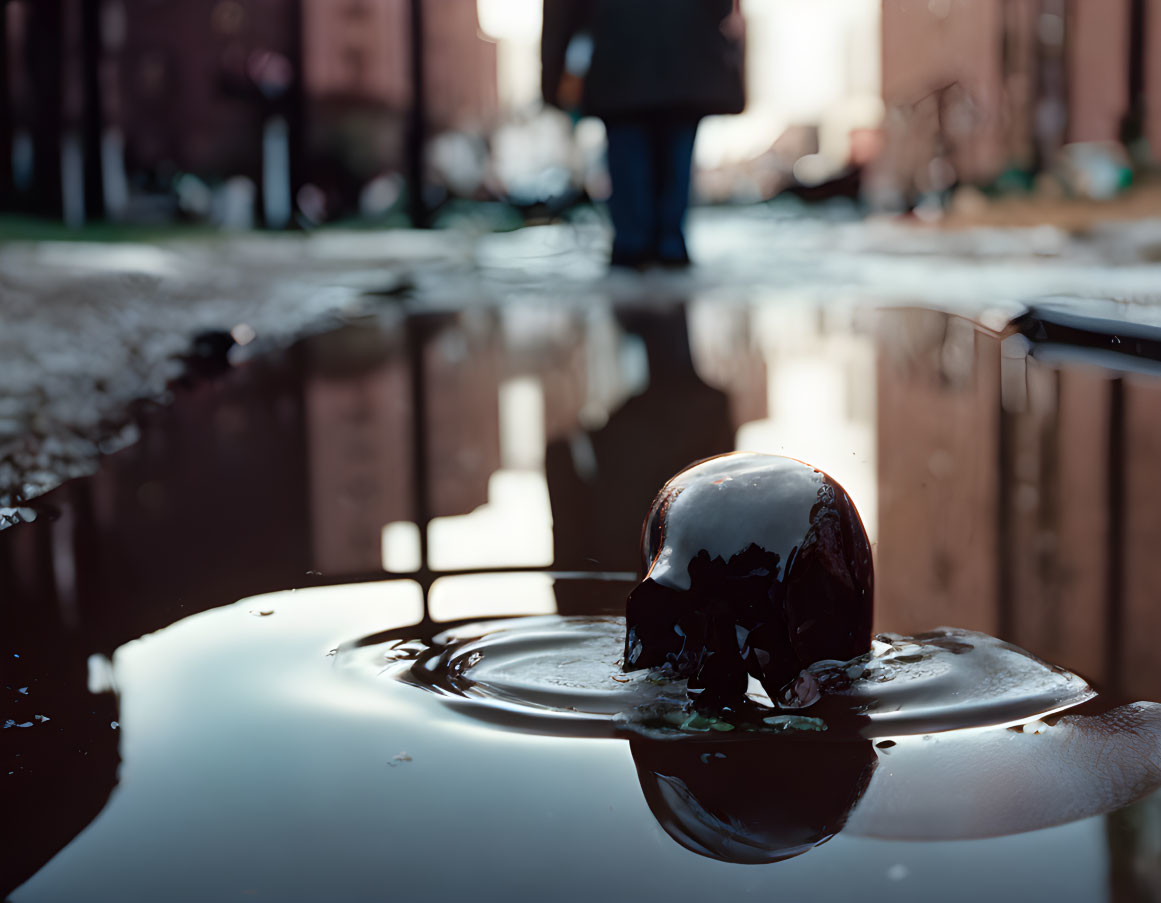 Melting ice cream cone on wet surface with person walking away.