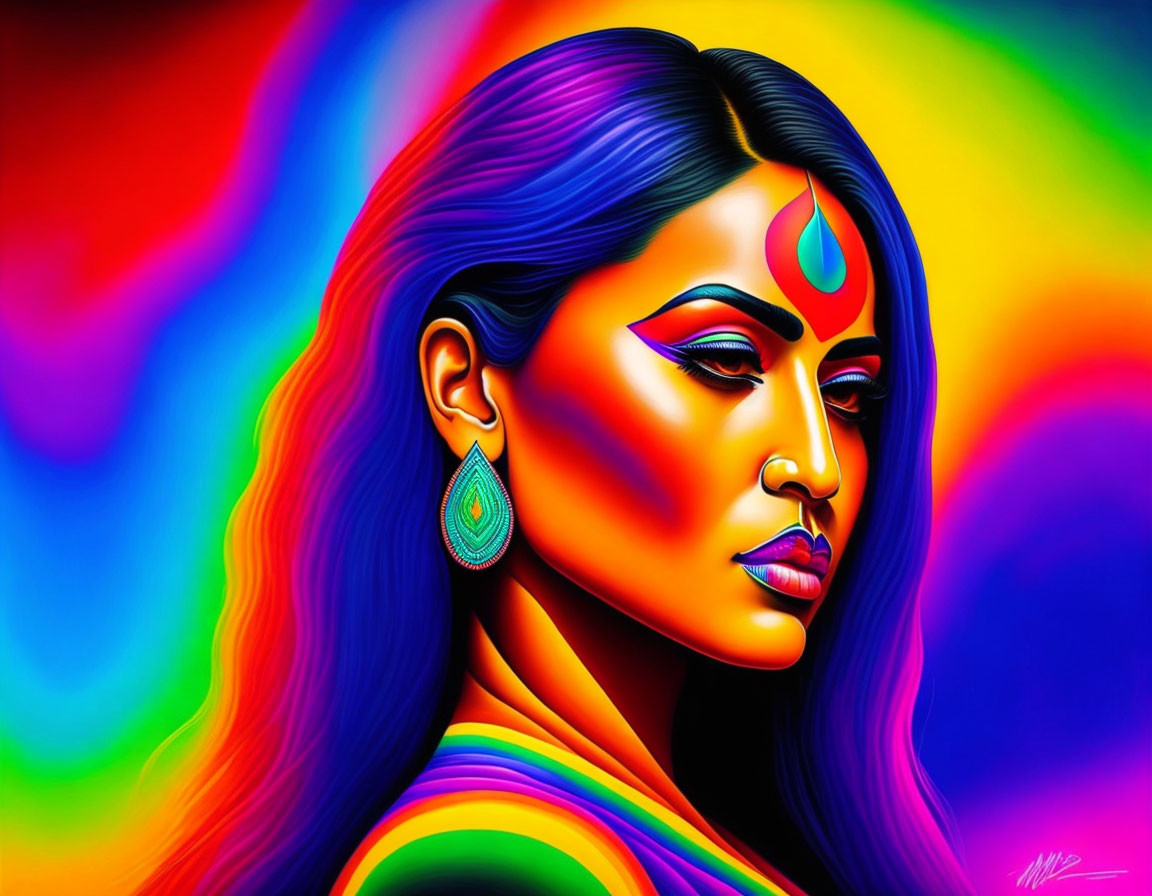 Colorful digital art of woman with psychedelic patterns and bindi