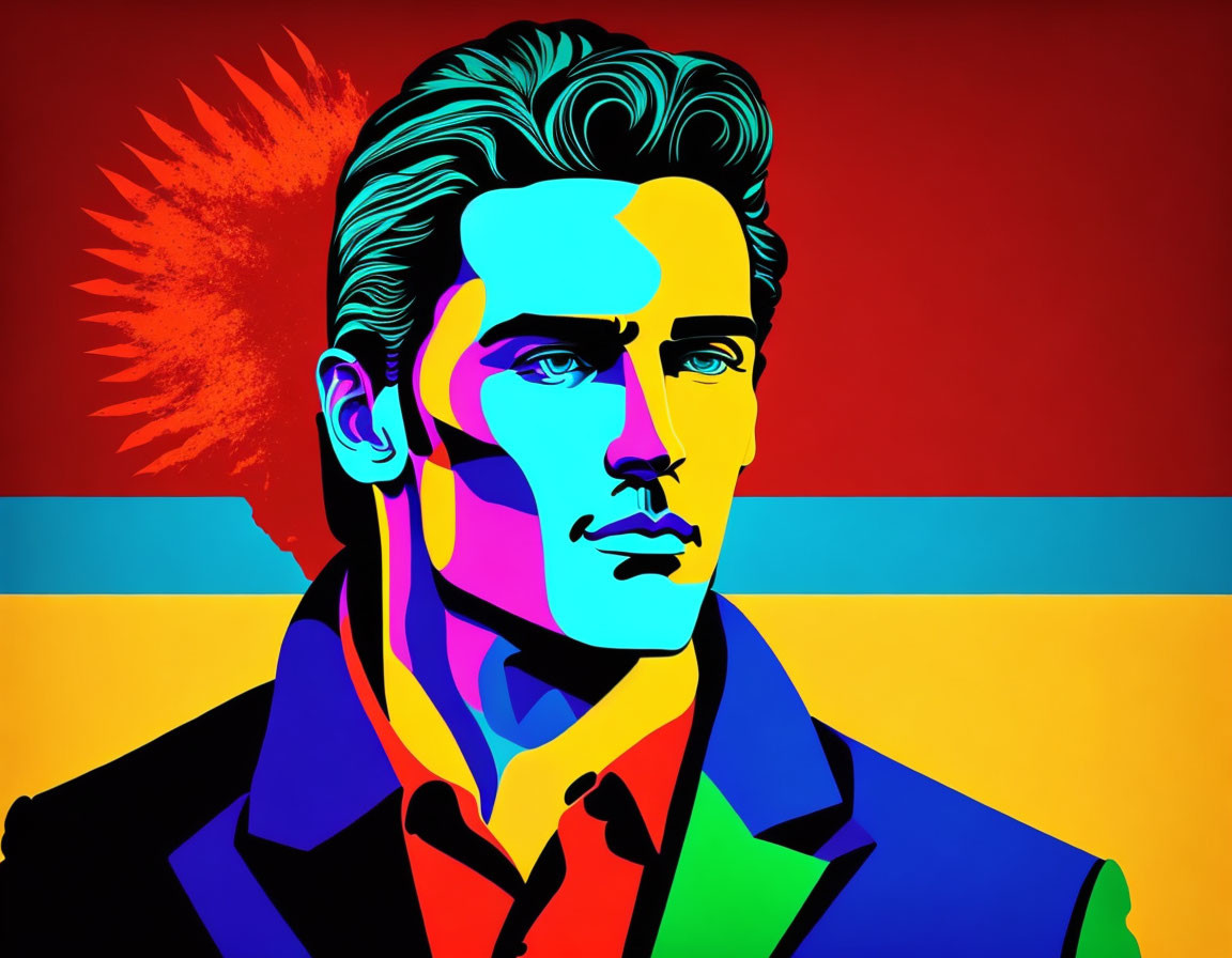 Vibrant pop art portrait of a man with unique hair against split red-orange backdrop