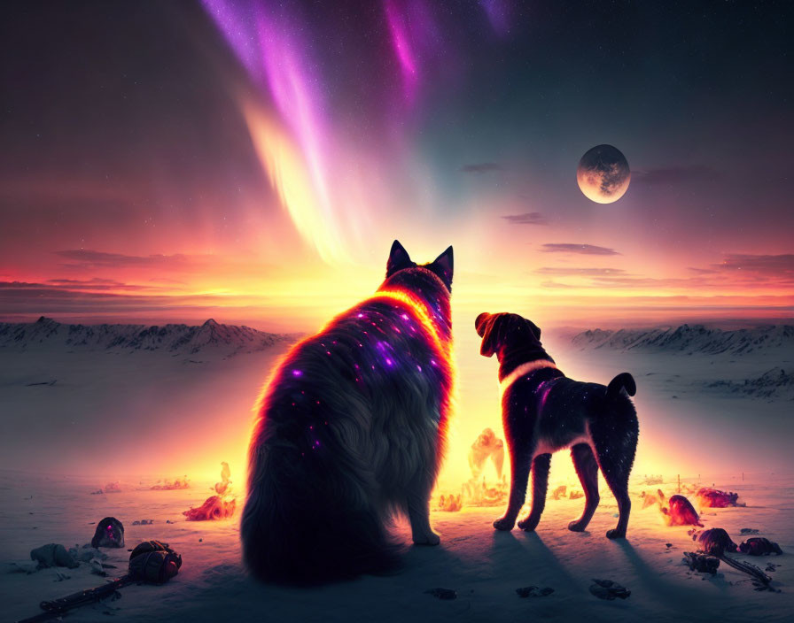 Two dogs under vibrant aurora in snowy landscape with campfire and tents under starry sky.