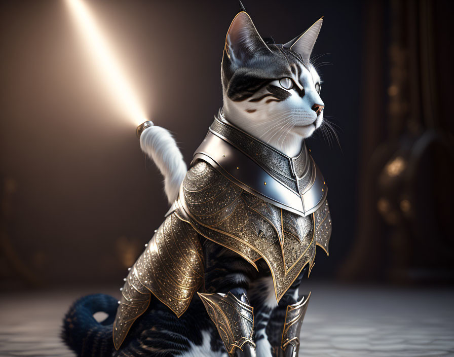 Cat in Ornate Medieval Armor Posed in Sunlight