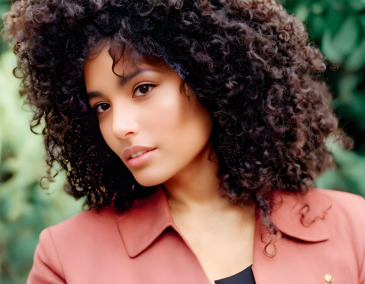 Curly Haired Woman in Salmon Jacket on Green Background