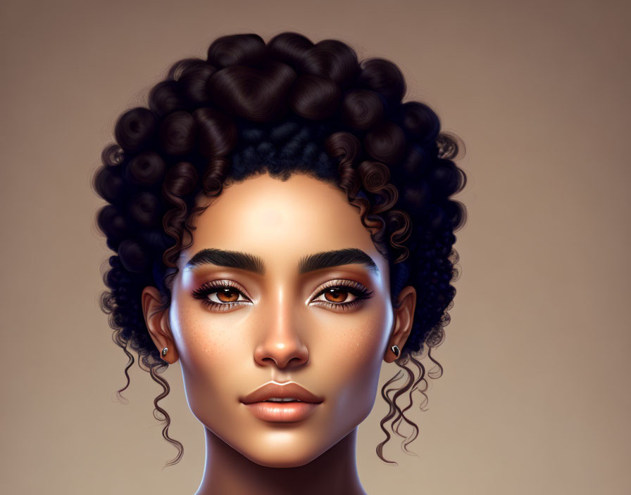 Detailed portrait of a person with voluminous curly hair and captivating features