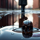 Melting ice cream cone on wet surface with person walking away.