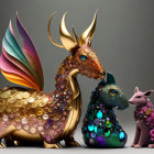 Fantasy creatures: dragon and cat with jewel-encrusted scales and rainbow wing