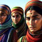 Three people in headscarves gazing at the camera under clear sky