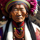 Elderly Woman in Colorful Turban and Traditional Attire