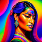 Colorful digital art of woman with psychedelic patterns and bindi