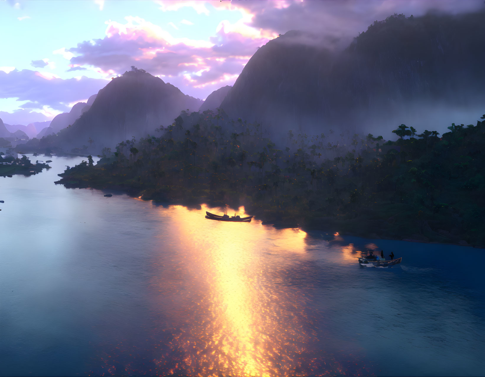 Tranquil river at sunset with boats and misty mountains