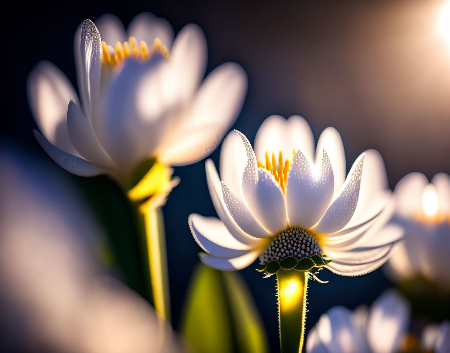 White Flowers with Yellow Centers Backlit, Dewdrops on Petals, Soft-focus Background