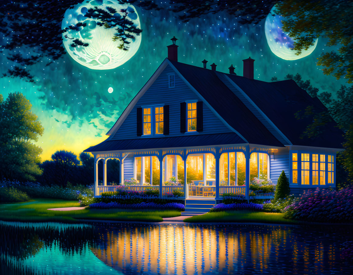 Whimsical two-story house artwork at night with glowing windows