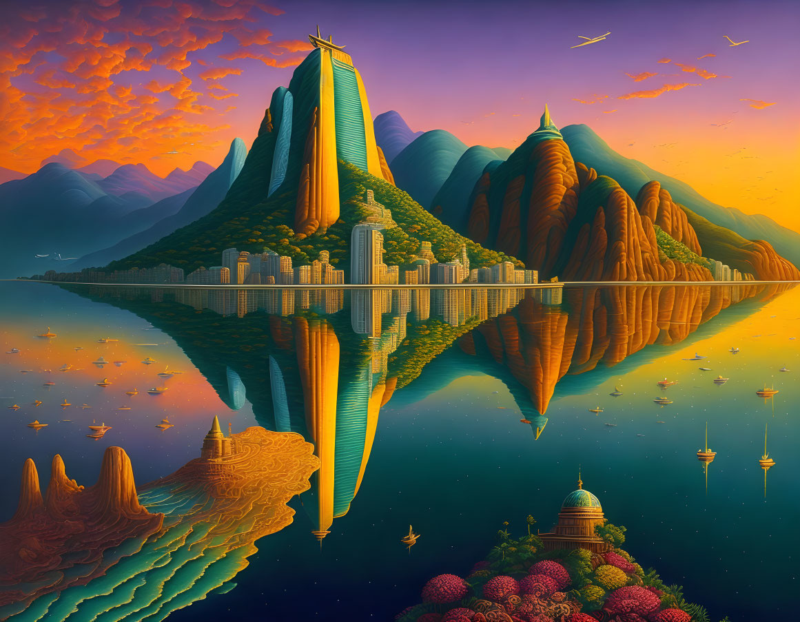 Majestic fantasy landscape with mountains, lake, futuristic buildings, and colorful sunset