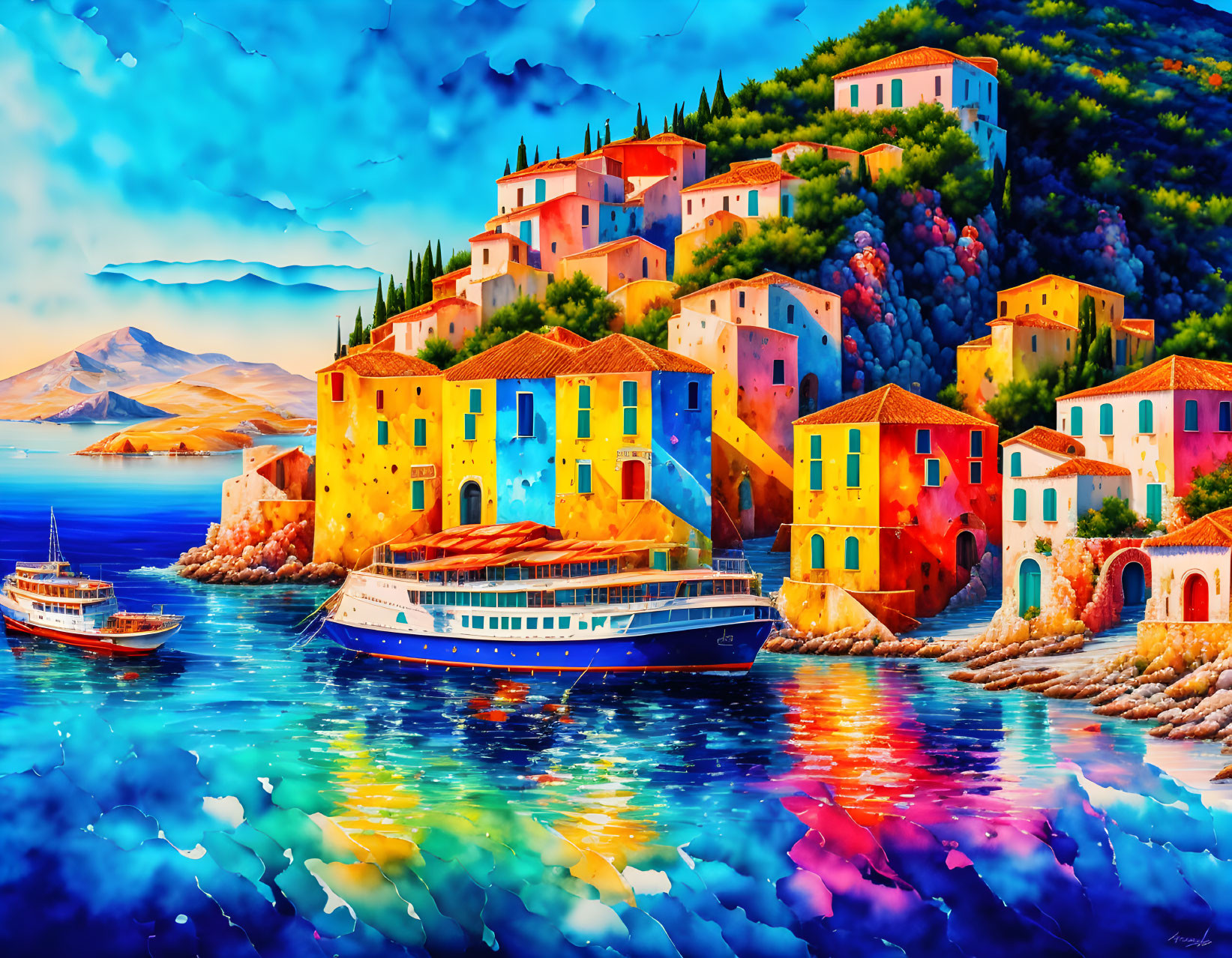 Colorful Coastal Scene: Boats, Buildings, Mountains, Cloudy Sky