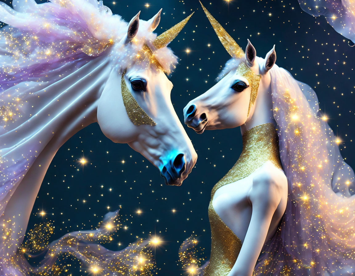 Glittering unicorns with flowing manes in starry space.