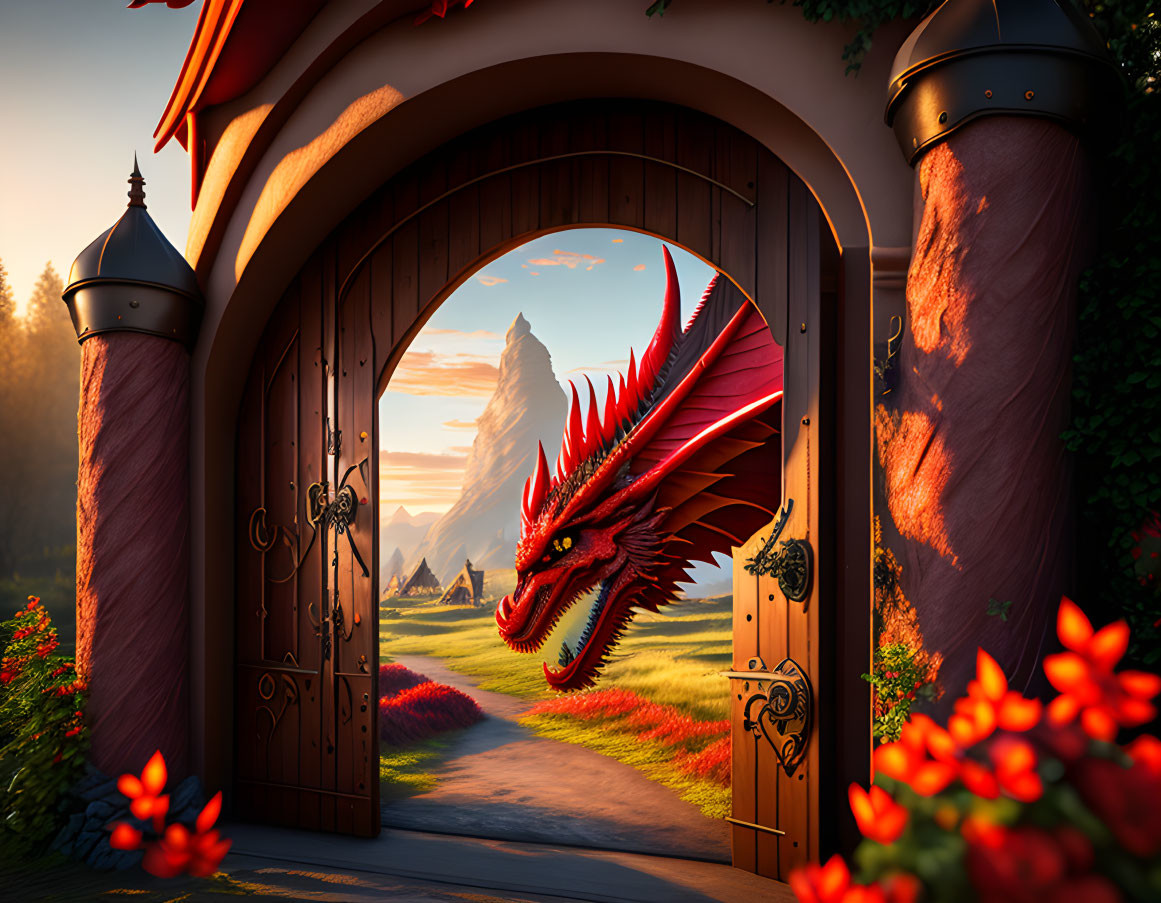 Fantasy Red Dragon Peering Through Ornate Gate in Mountain Landscape