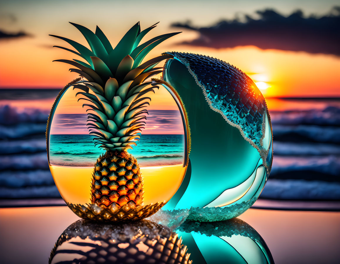 Pineapple and beach scene reflected in transparent sphere at sunset