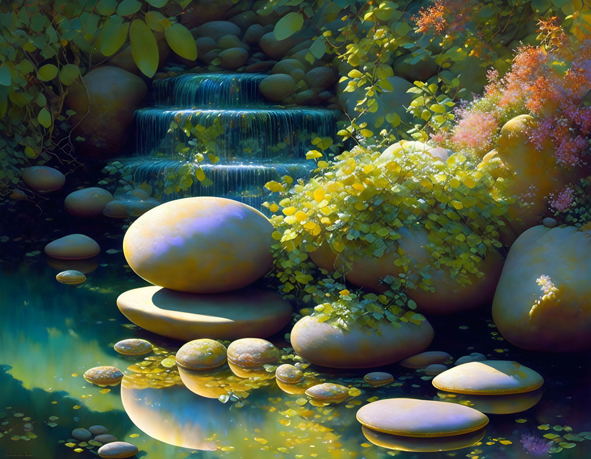 Tranquil digital nature scene: smooth stones, cascading waterfall, lush vegetation