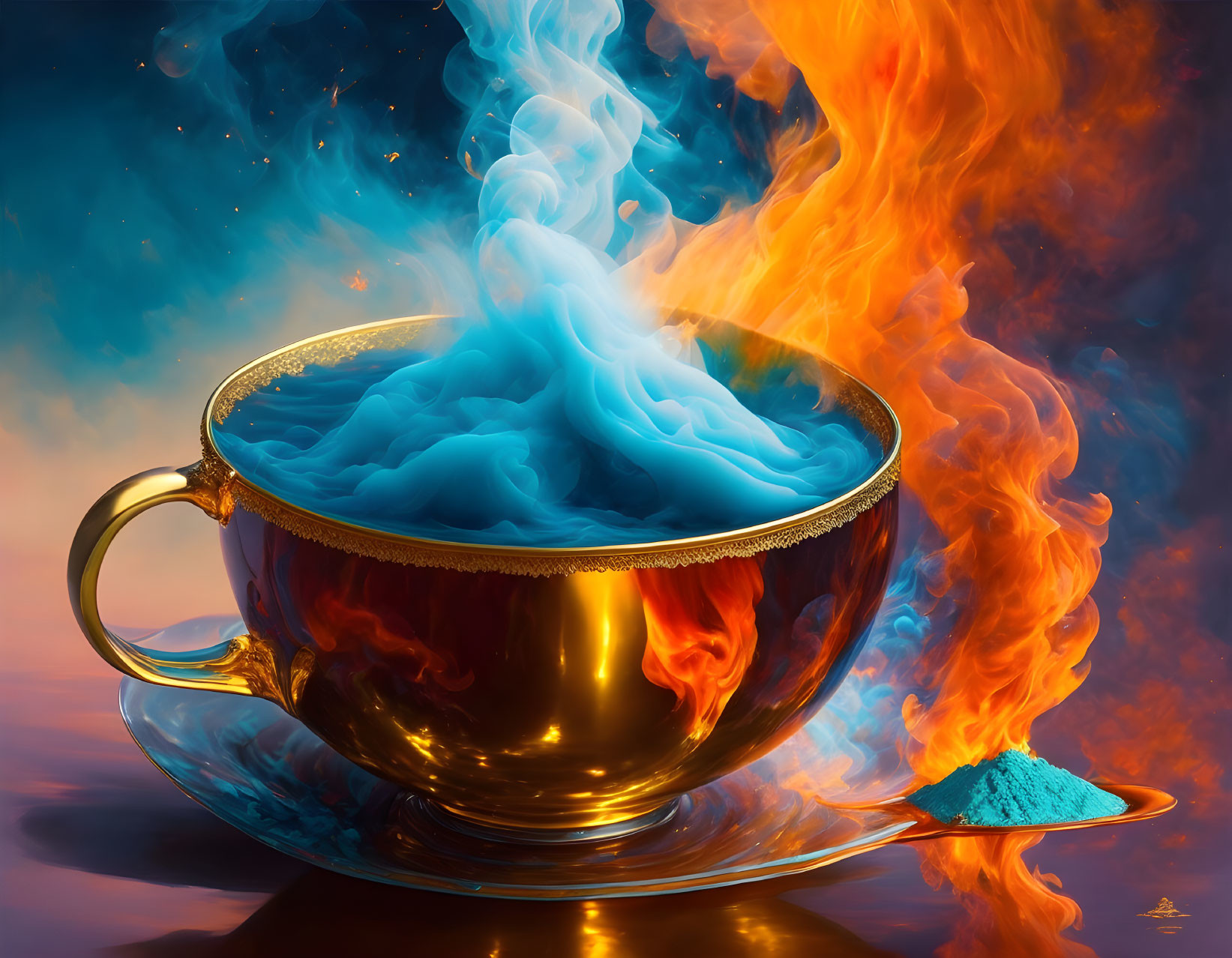 Golden Cup with Blue Smoke and Flames on Starry Background