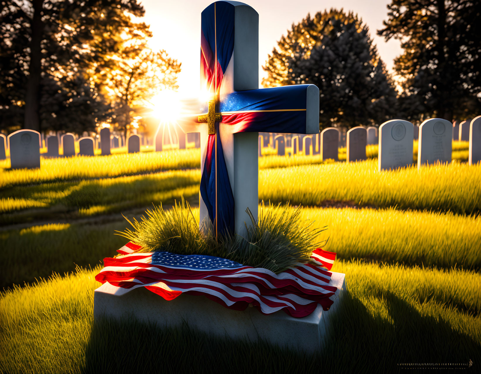 Blue Cross with American Flag in Sunrise Cemetery Scene