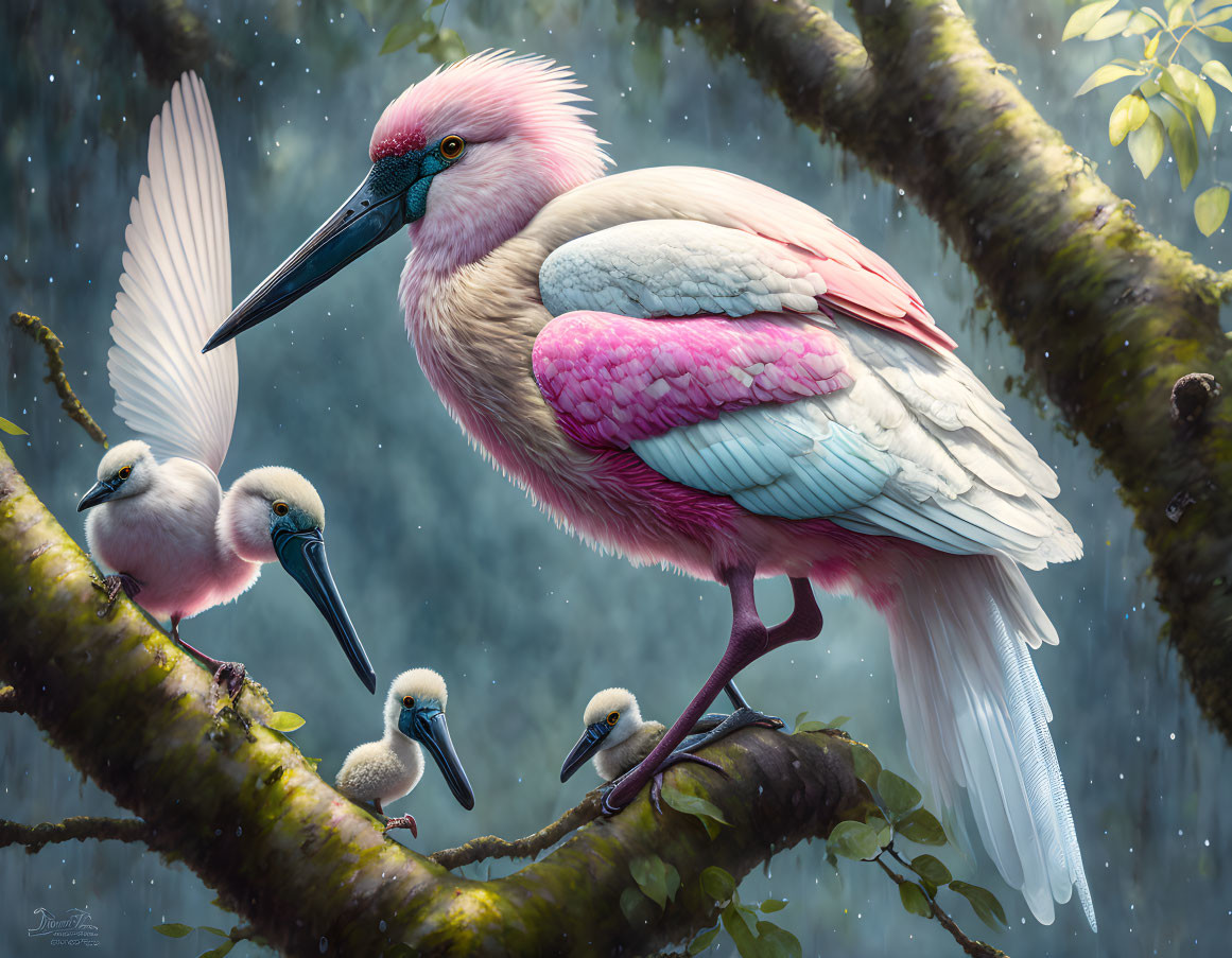 Colorful Illustration: Pink Roseate Spoonbill with Chicks