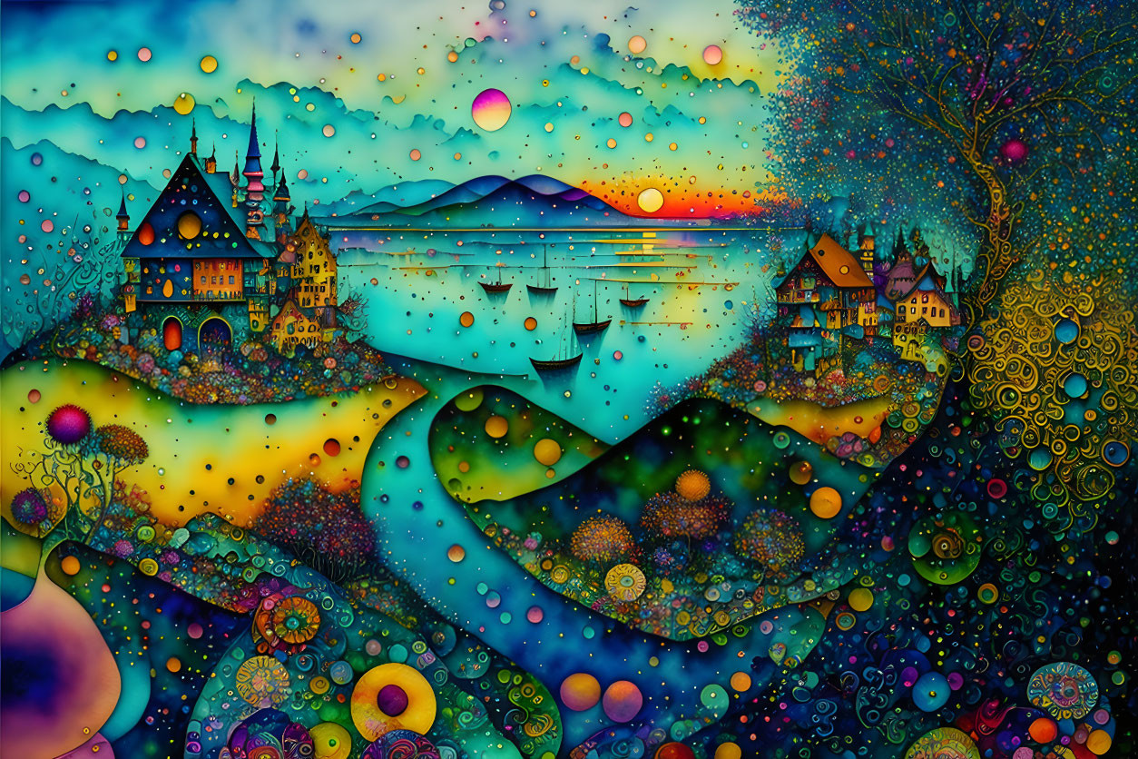 Colorful fantasy landscape with whimsical houses, swirling patterns, tree, boats, setting sun, star