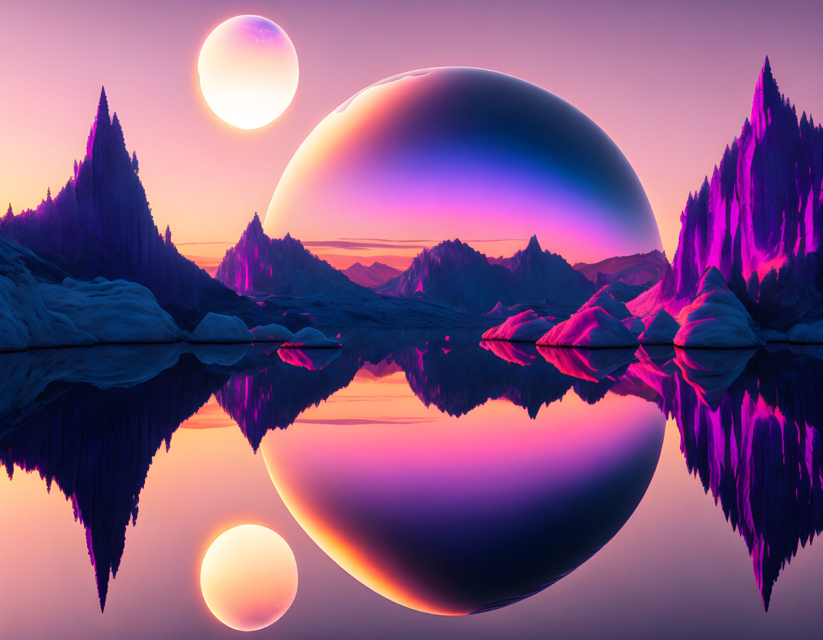 Vibrant purple and pink surreal landscape with mountains, lake, and moons