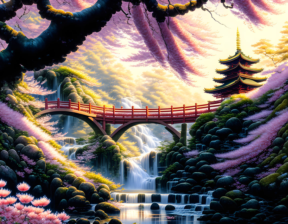 Japanese landscape with red bridge, pagoda, cherry blossoms & sunset