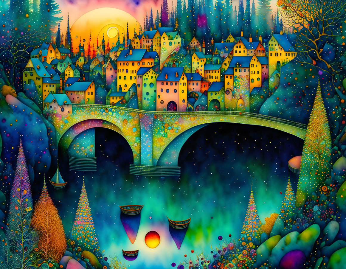 Colorful Landscape Painting with Town, Bridge, and Hot Air Balloons