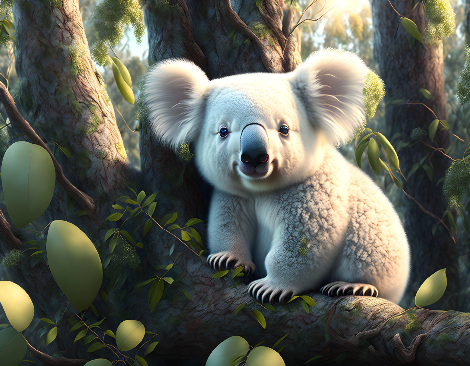 Fluffy koala perched on branch in lush forest with sunlight filtering through leaves