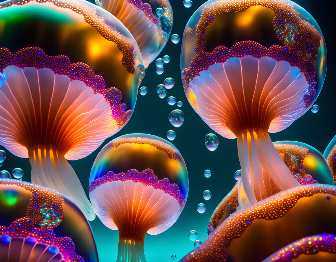 Stylized jellyfish with glowing edges and bubbles on dark aquatic backdrop