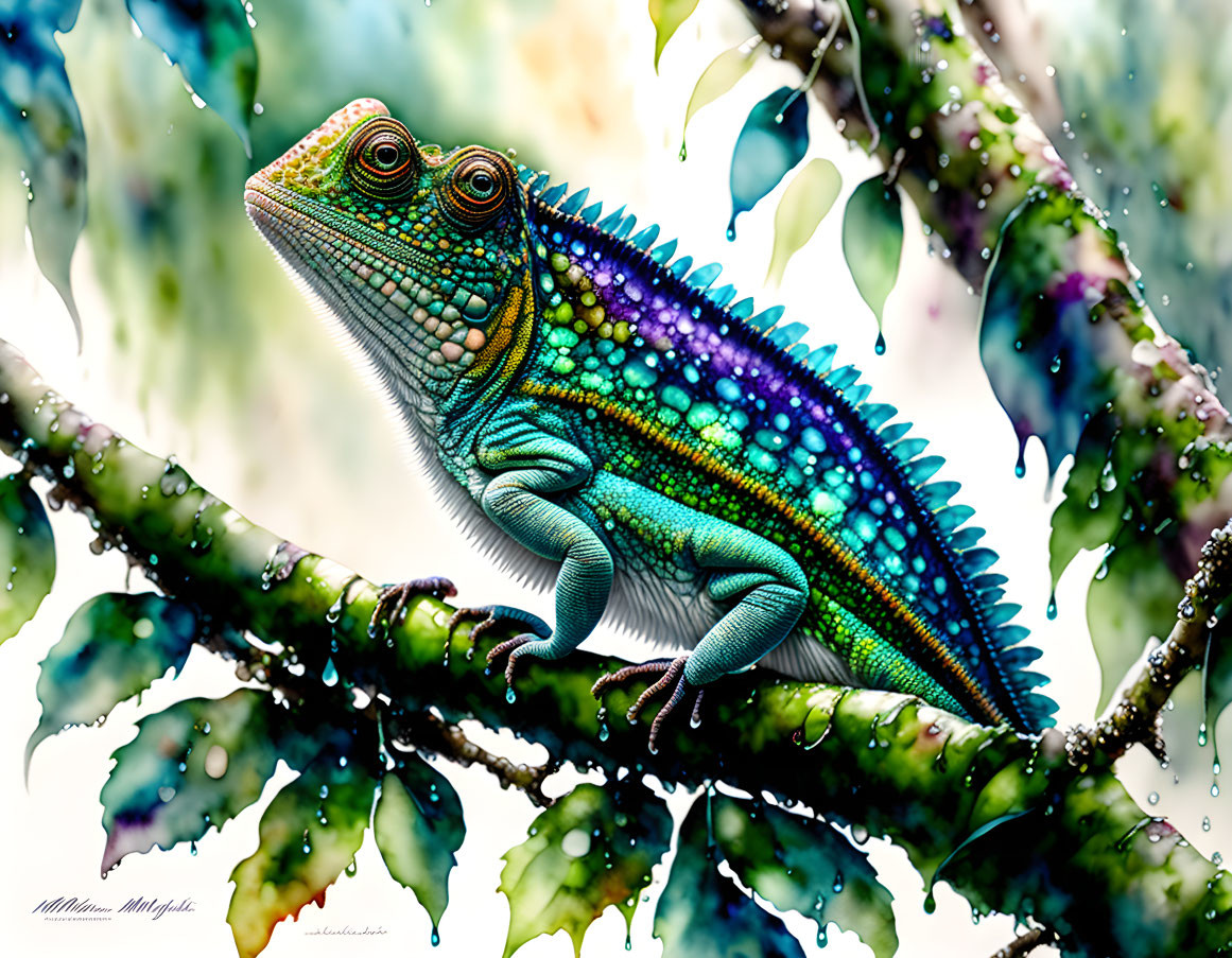 Colorful Chameleon on Branch with Raindrops in Green Foliage