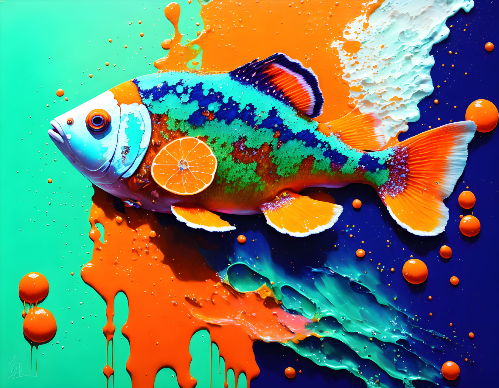 Colorful Digital Art: Fish with Orange Scales in Abstract Sea