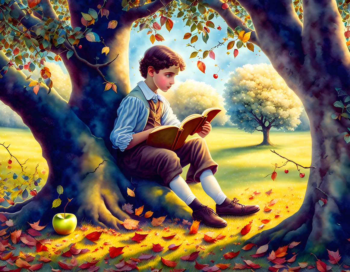 Young boy reading book under autumn tree with apple in peaceful countryside.