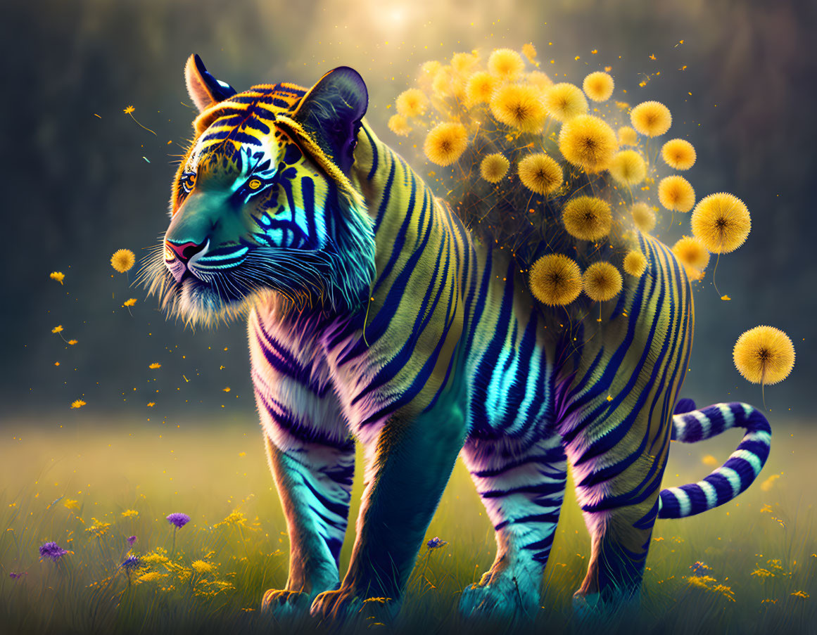 Surreal tiger with dandelion burst in moody grass field