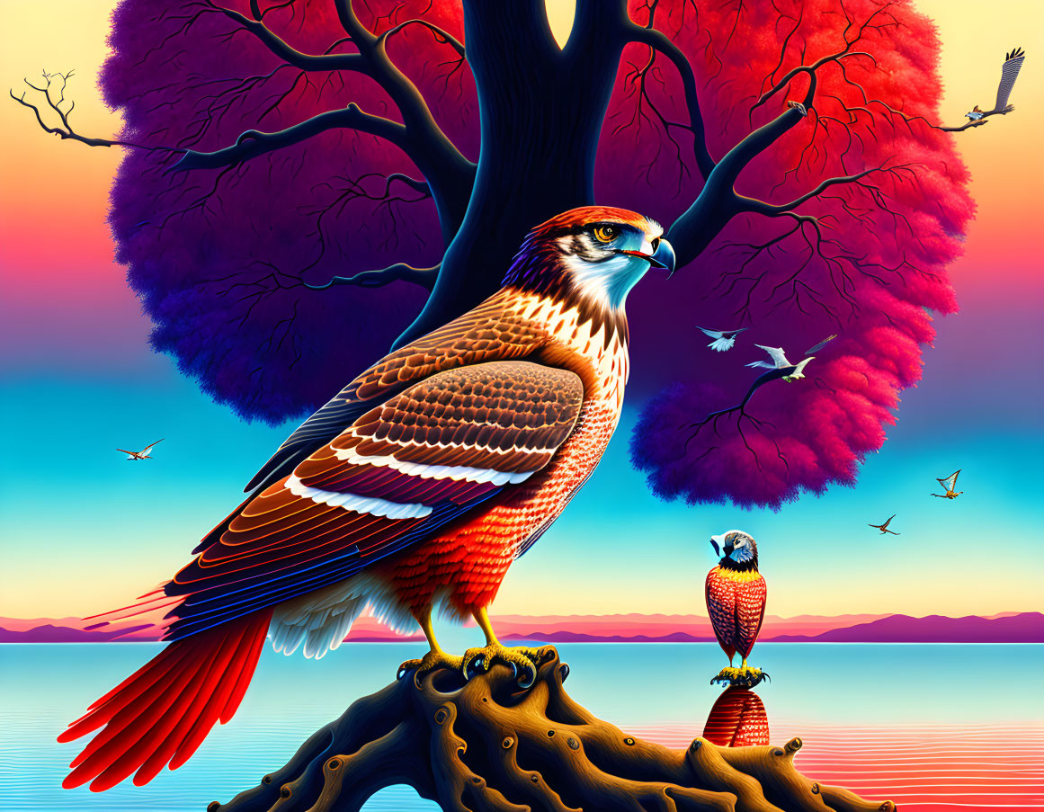 Colorful Falcon Perched on Tree Branch at Sunset