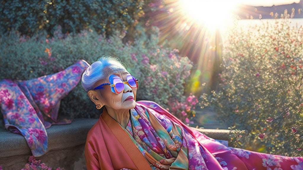 Elderly woman with blue hair in vibrant pink attire on outdoor bench surrounded by greenery and flowers