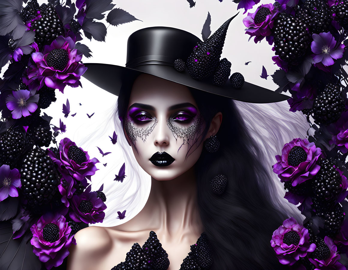 Pale-skinned woman with purple eye makeup and cracked details among dark purple flowers and berries in a black