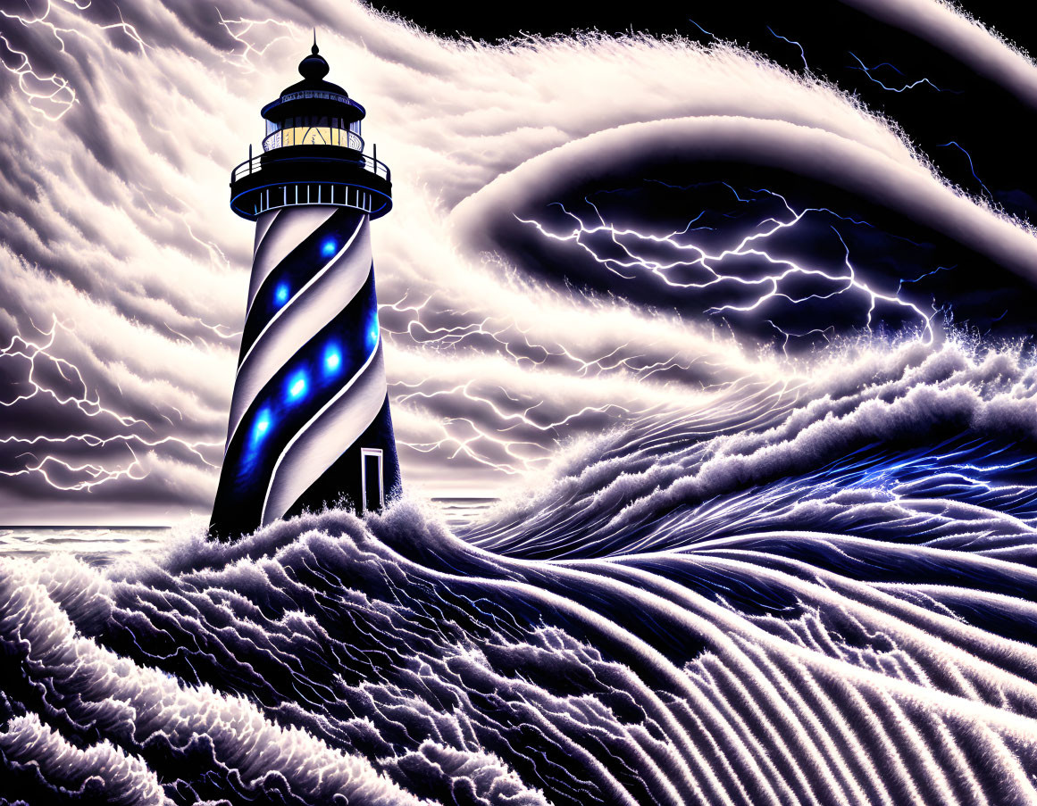 Monochrome lighthouse in stormy seas with lightning