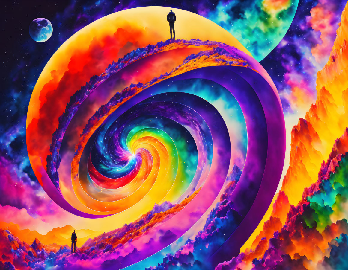 Colorful digital artwork: person on cliff gazes at spiral galaxy